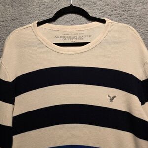 AMERICAN EAGLE Mens Sz M Blue Black White Striped Long Sleeve Knit Sweater